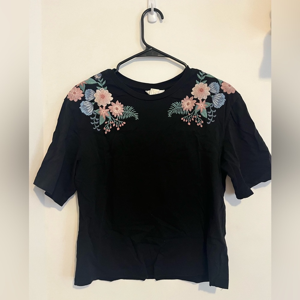 H&M Black Shirt with Floral Embroidery at Shoulders.  slightly cropped.